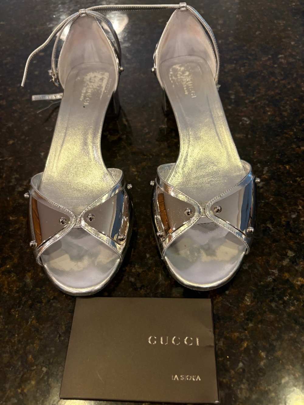 Gucci silver metallic heels